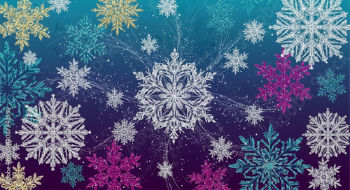 Intricate Snowflake Patterns Falling in Winter.