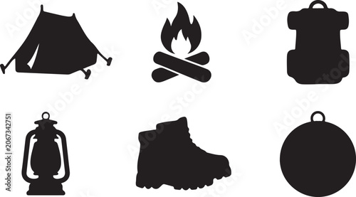 Set of black camping and hiking icons including tent bonfire backpack lantern boots and compass for outdoor travel adventure Vector