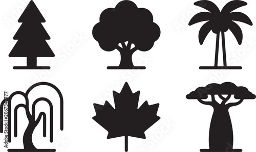 Set of black tree icons including pine oak palm willow maple and baobab silhouettes for nature design and ecology projects Vector