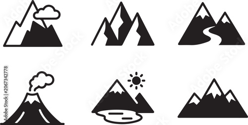 Set of black mountain icons featuring snowy peaks volcano sun river and clouds for outdoor adventure and travel design Vector