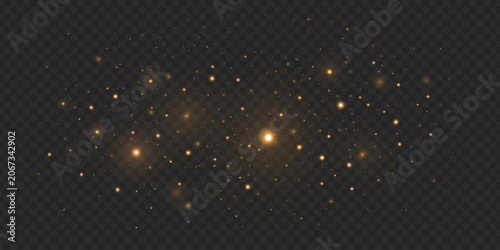 Golden magical lights with glowing bright particles on dark transparent background. Orange glittering dust for holiday, fantasy visuals or decorations. Vector illustration.