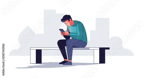 Man sitting on bench looking at smartphone.