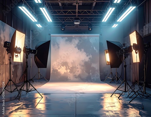A photography studio with softbox lights and cloudy backdrop