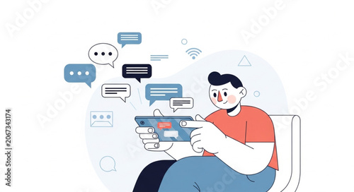 Man using a tablet computer with chat bubbles around him.