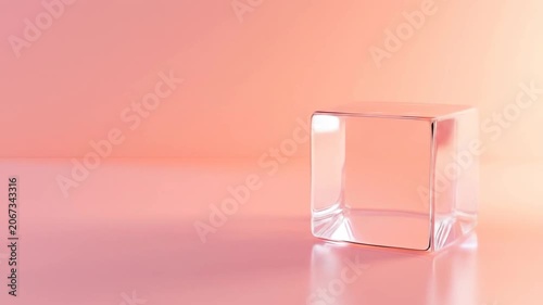 Transparent cube on a smooth surface with soft lighting and warm tones