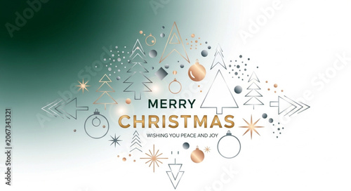 Merry Christmas abstract geometric design with ornaments and snowflakes.