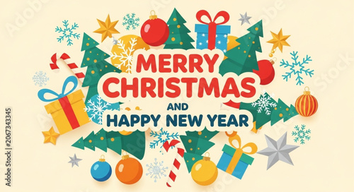 Merry Christmas and Happy New Year festive greeting illustration.