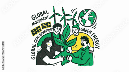 Isolated Grainy Texture Hand Drawn Naive Eco Green Energy Illustration, 