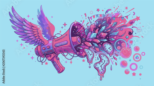 Isolated Surreal Silliness Floating Wings Megaphone Gradient Illustration, 