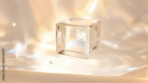 Transparent cube on silky fabric abstract still life with soft lighting
