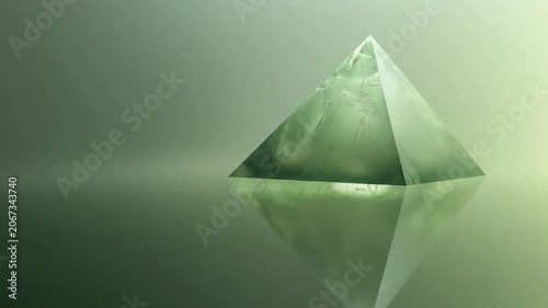Transparent green pyramid on reflective surface with soft lighting