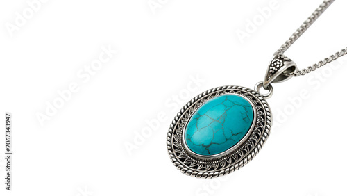 Photos Elegant silver necklace pendant with large blue turquoise gemstone isolated on a