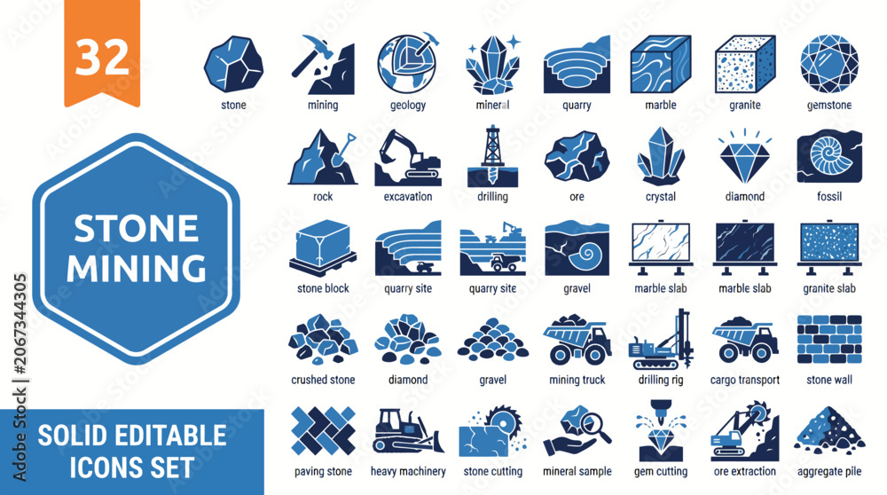 Fototapeta premium Stone Mining Icon Set: Solid Editable SVG Icons for Quarrying, Rock Extraction, Open-Pit and Underground Mining, and Construction Projects