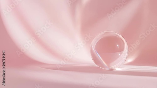 Transparent sphere on pink surface with soft lighting and shadows