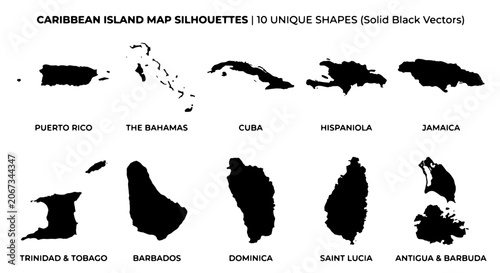 Bild auf Leinwand Caribbean island map silhouettes, 10 unique shapes set in solid black vector, Pu