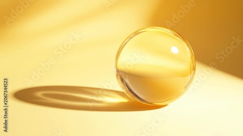 Transparent sphere with shadow on yellow surface conceptual still life