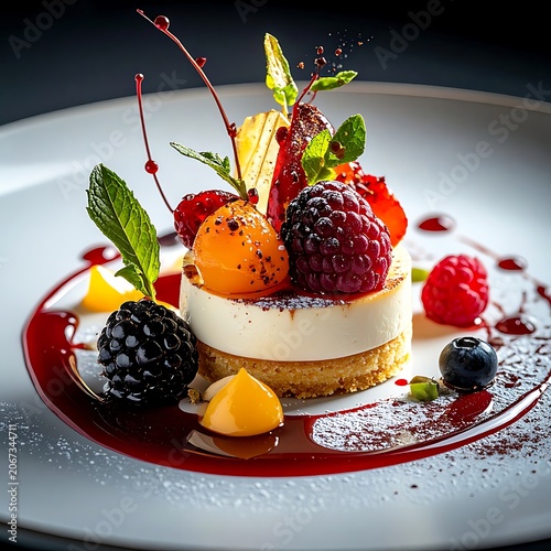 A small cheesecake with fruit and sauce on a white plate