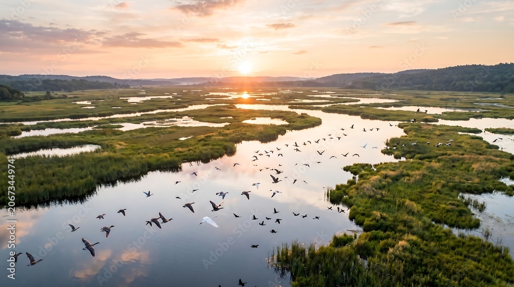 Fototapeta premium Sunset over a winding river wetland with flying wild birds in summer