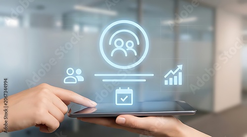 Hand holding smartphone with app icons over city skyline background isolated on white background