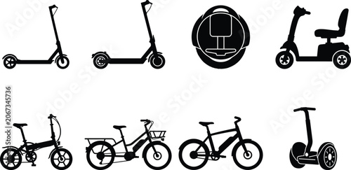 Electric Personal Transportation Vehicles Silhouette Icon Set Including E-Scooters, Bicycles, Monowheel, and Mobility Scooter