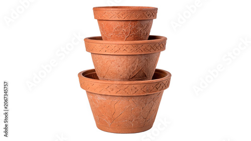 Stack pile of terracotta clay flower pots isolated on a transparent background gardening tool asset