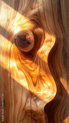 A wooden surface with swirling patterns and sunlight