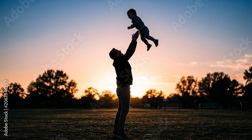 Photo of father and son silhouettes playing together on beach at sunset made by AI generative