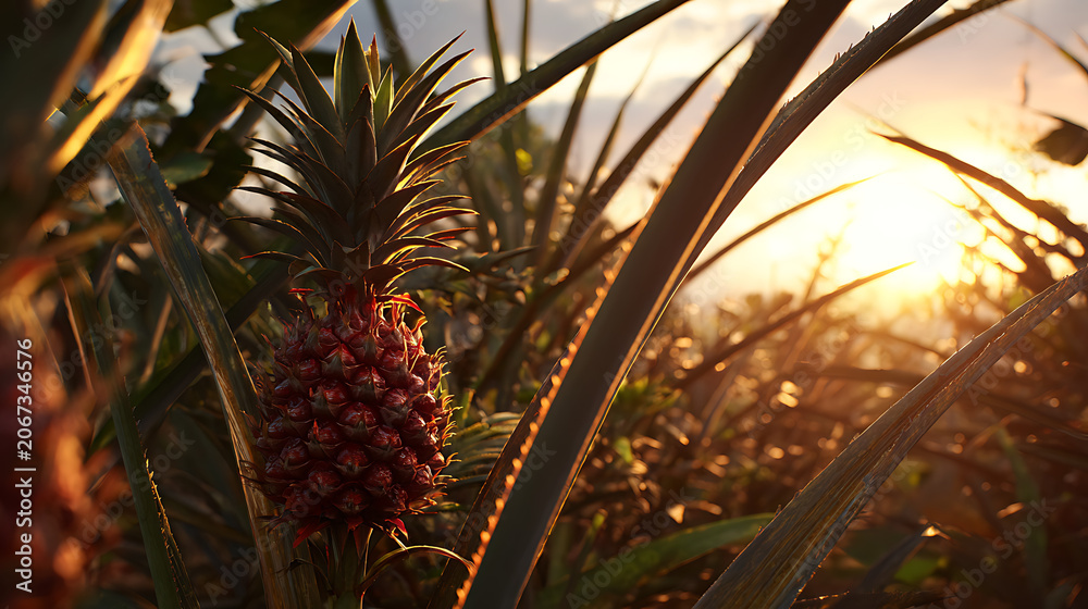 Fototapeta premium Tropical fruit growing in a lush field at sunrise golden hour