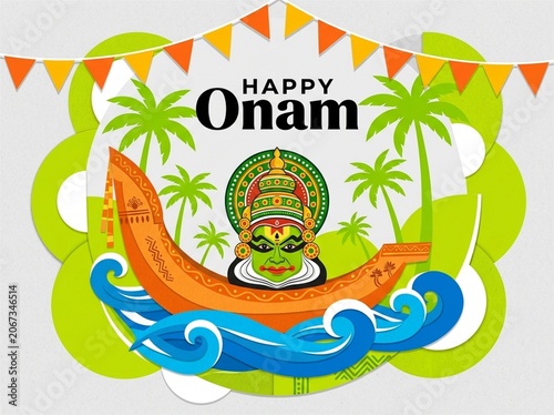 Happy Onam Festival Greeting Kerala Culture Kathakali Mask Snake Boat Illustration