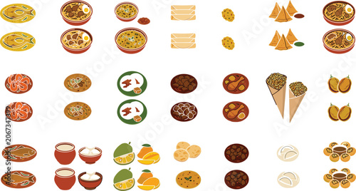 Foto Large set of traditional Bangladeshi Bengali food dishes icons vectorLarge set o