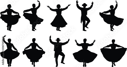 Tableau sur toile Collection of Traditional Folk Dance Silhouettes Featuring Male and Female Dance