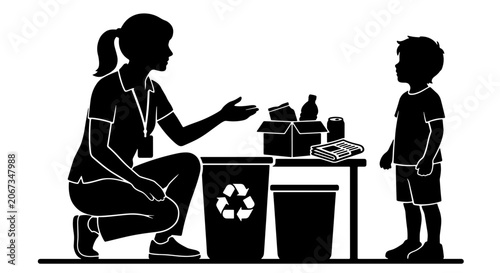 Schilderij op canvas Recycling education silhouette vector, teacher showing child how to sort waste,