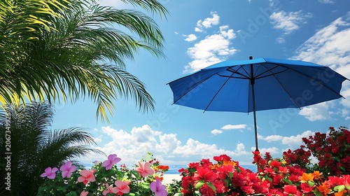 Tropical beach with palm trees under a blue sky by the ocean on a sunny summer day