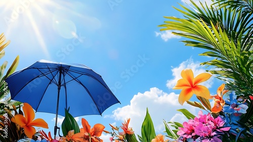 Tropical beach with palm trees under a blue sky by the ocean on a sunny summer day