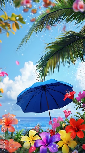 Tropical beach with palm trees under a blue sky by the ocean on a sunny summer day