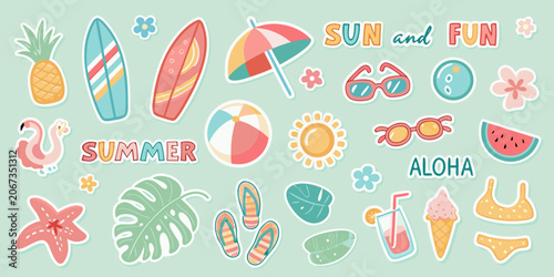 Foto Summer Themed Flat Illustration Set With Beach And Tropical Elements