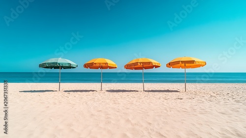 Tropical beach with colorful umbrellas on sandy shore by the ocean under a sunny sky