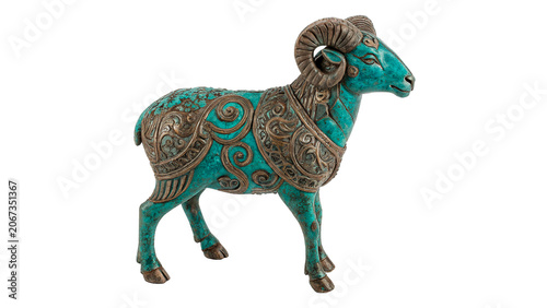 Traditional painted ceramic ram sheep figurine isolated on a transparent background ethnic folk craft