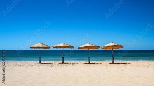 Tropical beach with colorful umbrellas on sandy shore by the ocean under a sunny sky