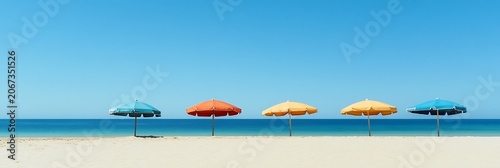 Tropical beach with colorful umbrellas on sandy shore by the ocean under a sunny sky