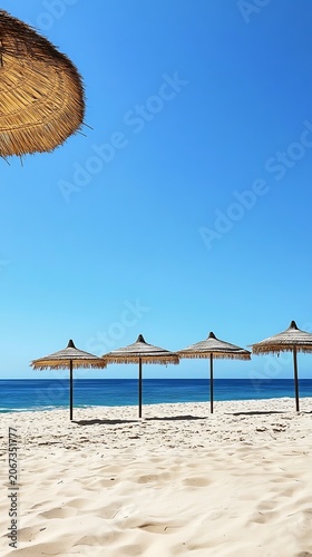 Tropical beach with colorful umbrellas on sandy shore by the ocean under a sunny sky