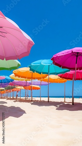 Tropical beach with colorful umbrellas on sandy shore by the ocean under a sunny sky
