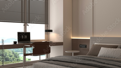 Fotografie The modern mock up design of bedroom interior have work form anywhere station and notebook pc and side table, modern bed with white wall background
