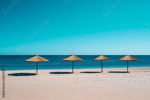 Tropical beach with colorful umbrellas on sandy shore by the ocean under a sunny sky
