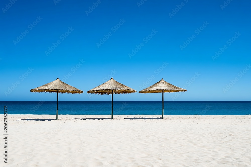 Fototapeta premium Tropical beach with colorful umbrellas on sandy shore by the ocean under a sunny sky