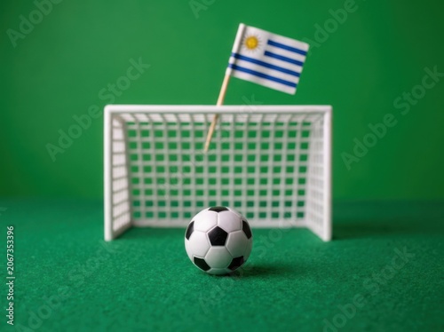 A miniature soccer ball placed in front of a toy goalpost with a small uruguayan flag on a green background