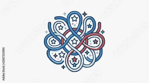 Intricate blue and red floral monogram design illustration.