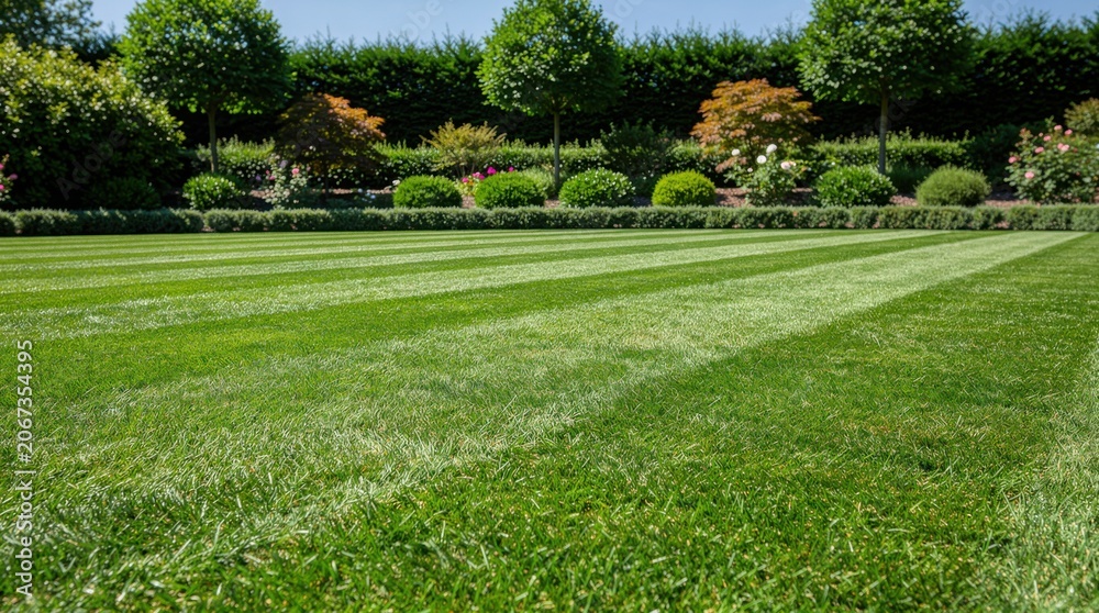 Obraz premium A neatly mowed lawn with striped grass patterns, bordered by various shrubs and trees under a clear sky.