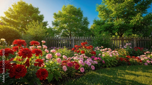 A vibrant garden with red, pink, and purple flowers blooming under bright sunlight beside tall green trees and a wooden fence.