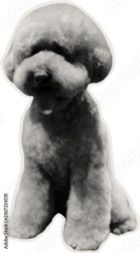 A halftone illustration of a cute fluffy dog isolated on a white background. Perfect for modern artistic designs, pet-themed posters, stickers, and creative print projects.